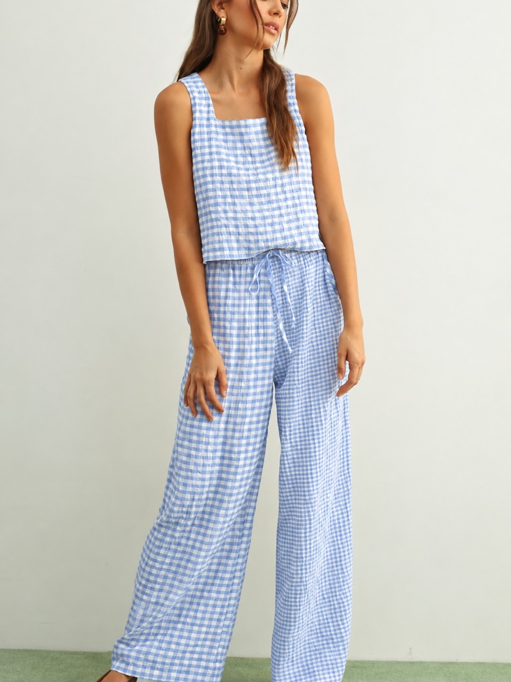 Miou Muse Blue Gingham Wide-Leg Pants - Women's Jumpsuit Separates